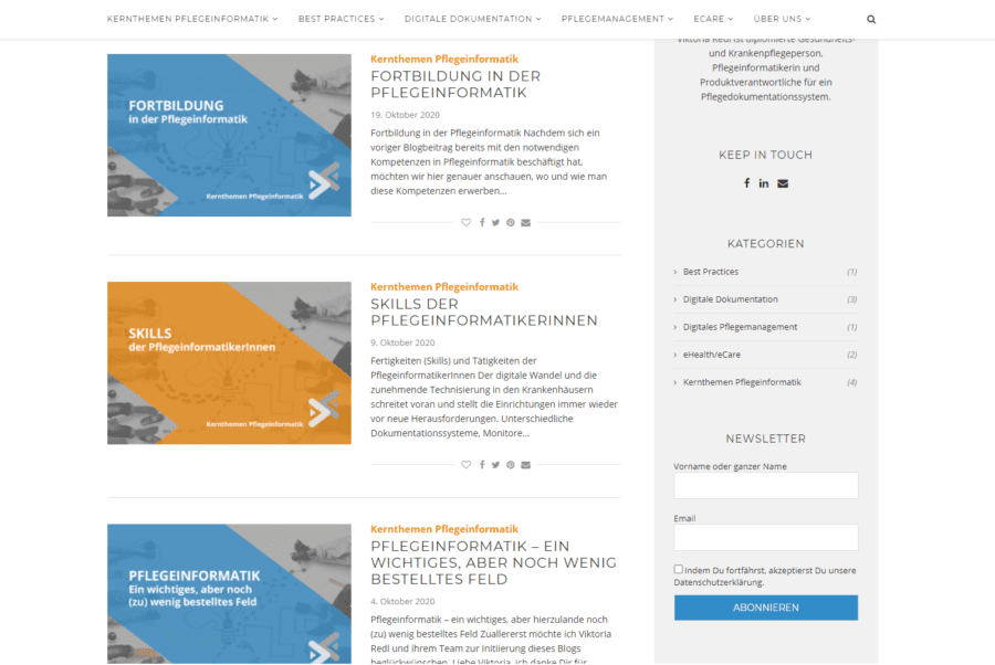 pflegeinformatik.at - Blogübersicht auf der Startseite des Blogs